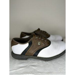 FootJoy Men's Golf Shoes Size 9 M (45330) White/Brown Soft Spikes